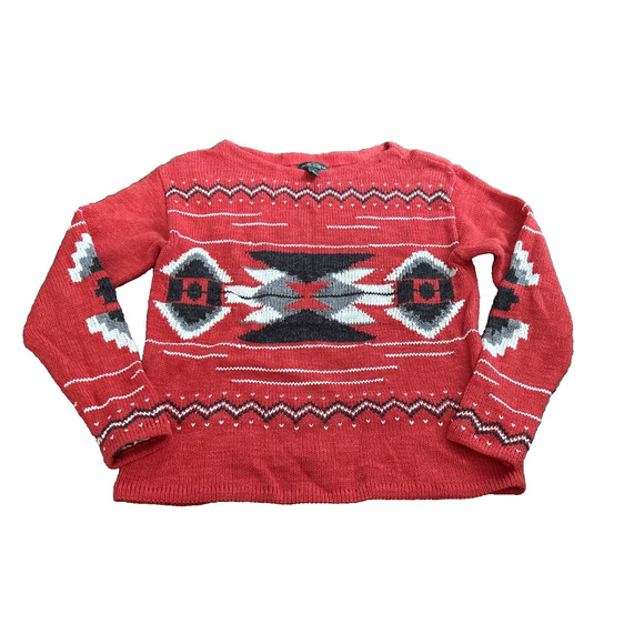 Lauren Ralph Lauren Womens Medium Red Sweater Navajo Tribal Aztec Southwestern - Picture 1 of 8